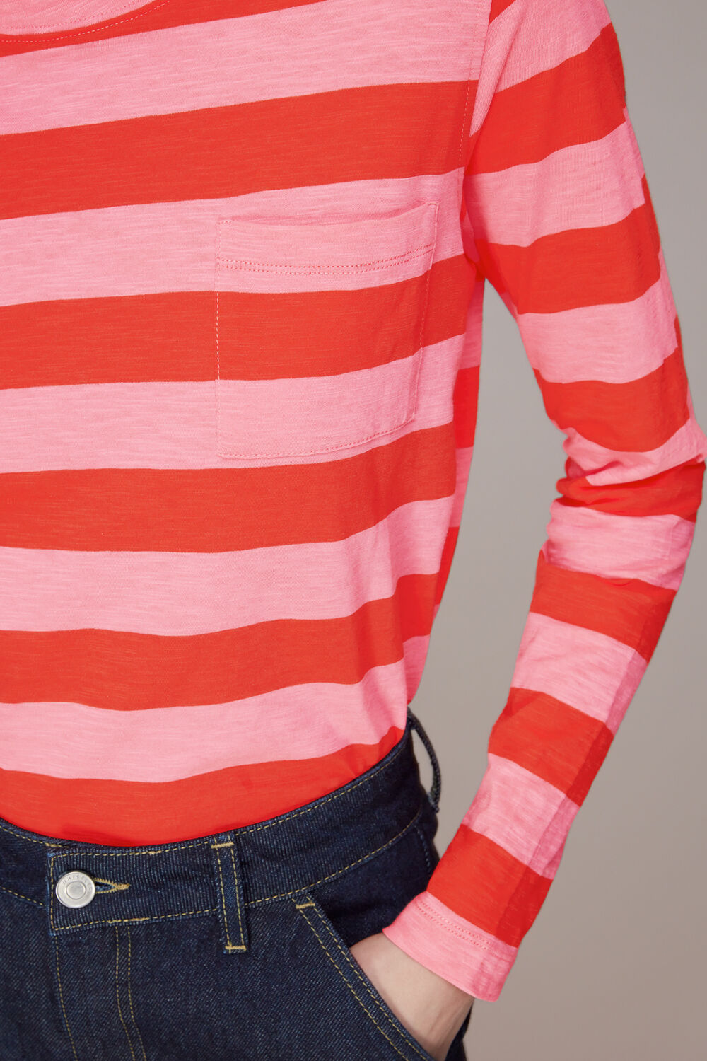 Crew Neck Stripe Pocket Top